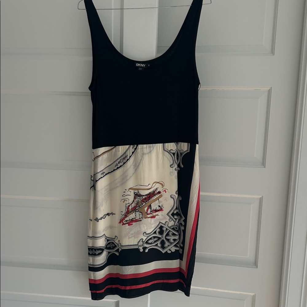 DKNY Black and Cream Mini Dress with Red Accents